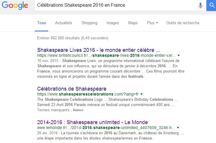 Célébrations Shakespeare 2016 en France Recherche Google - Rognée