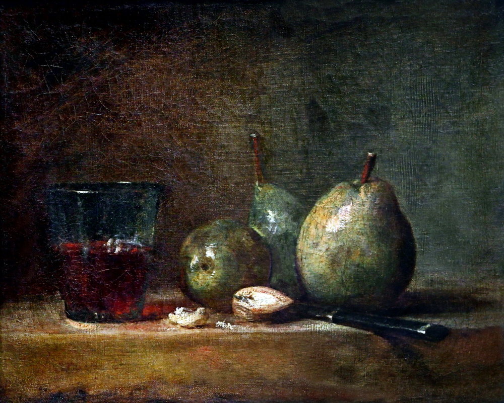 Jean-Siméon Chardin, Poire, noix et verre de vin, 1768, Louvre