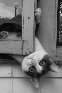 Chat renversé en noir et blanc