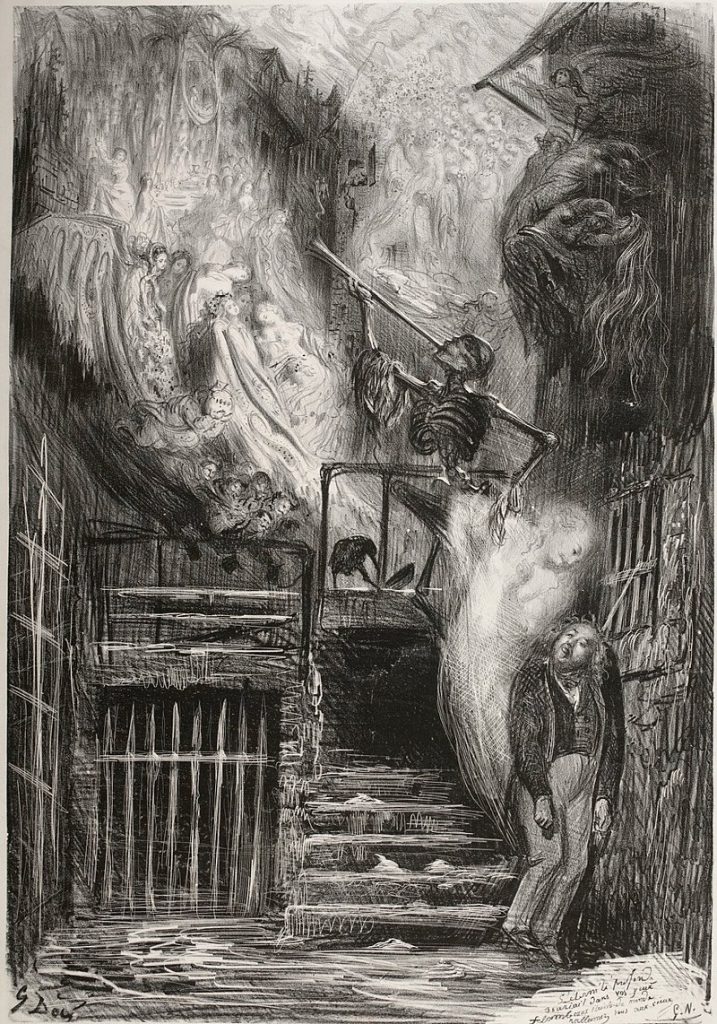 La Rue de la Vieille Lanterne, dit aussi Allégorie sur la mort de Gérard de Nerval. Gustave Doré (1832-1883), dessinateur, Paris, 1855. Lithographie au crayon sur Chine collé, 59,4 × 45 cm. BnF, département des Estampes et de la Photographie, © Bibliothèque nationale de France.