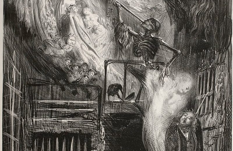 La Rue de la Vieille Lanterne, dit aussi Allégorie sur la mort de Gérard de Nerval. Gustave Doré (1832-1883), dessinateur, Paris, 1855. Lithographie au crayon sur Chine collé, 59,4 × 45 cm. BnF, département des Estampes et de la Photographie, © Bibliothèque nationale de France.