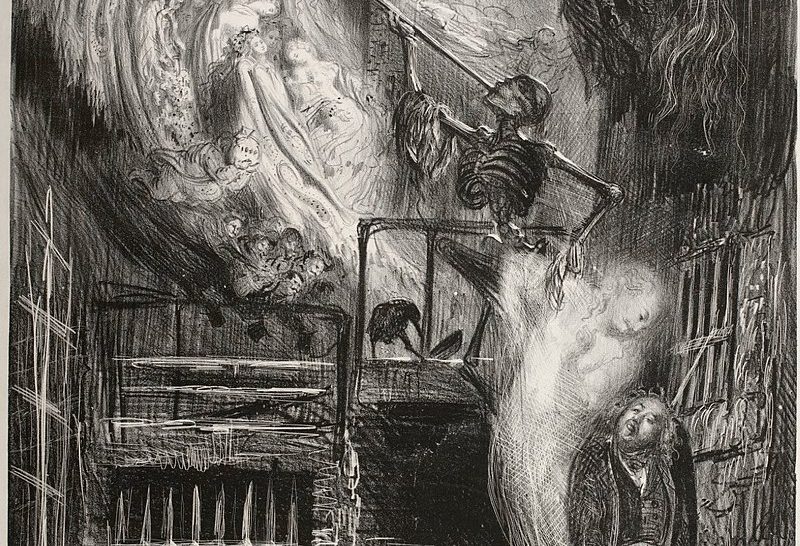 La Rue de la Vieille Lanterne, dit aussi Allégorie sur la mort de Gérard de Nerval. Gustave Doré (1832-1883), dessinateur, Paris, 1855. Lithographie au crayon sur Chine collé, 59,4 × 45 cm. BnF, département des Estampes et de la Photographie, © Bibliothèque nationale de France.